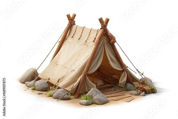 Fototapeta Rustic beige canvas tent on a sandy base, surrounded by rocks and grass. Wooden poles support the simple shelter