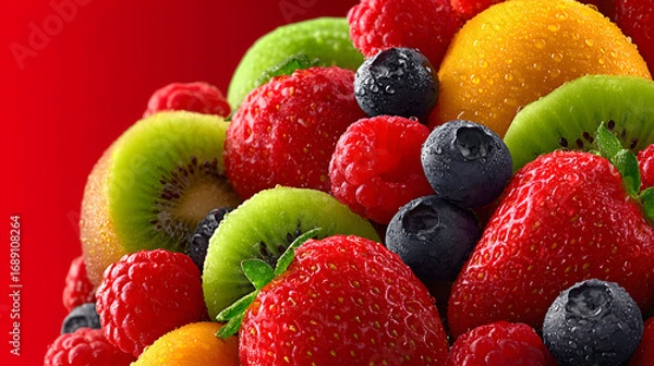 Fototapeta Close-up of assorted berries and sliced kiwi fruit on a red background.