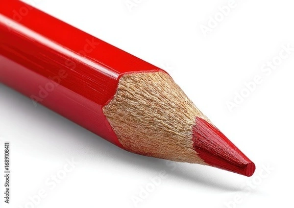 Fototapeta Close-up of a red colored pencil's tip and body, angled slightly, against a plain white background
