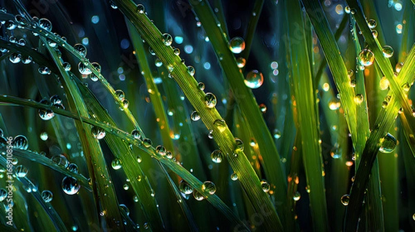 Fototapeta Close-up of dew drops on blades of grass.