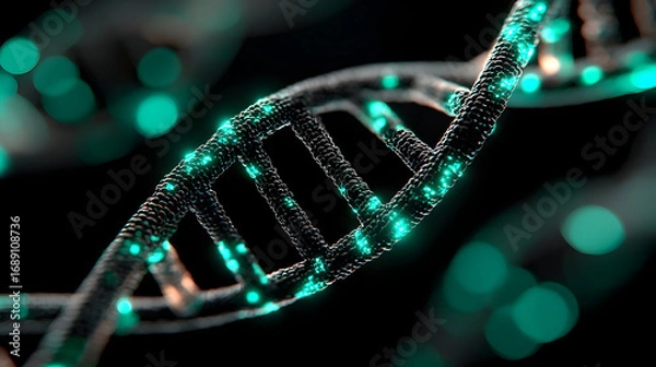 Fototapeta 3D rendering of a DNA double helix with teal highlights against a black background.