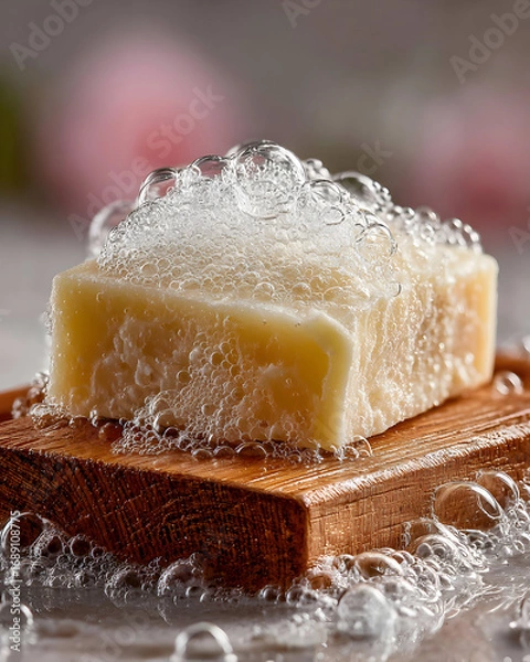 Fototapeta A bar of off-white soap with foam on a wooden soap dish.