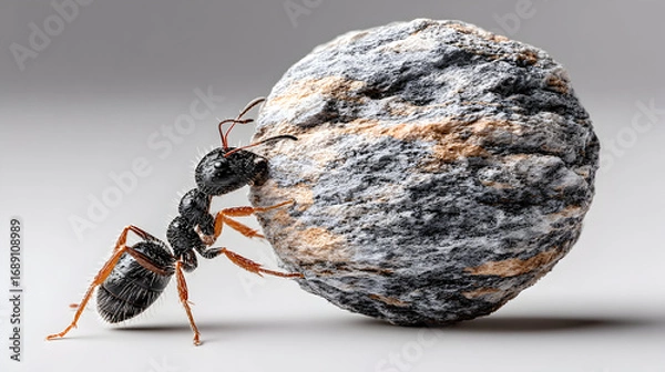 Fototapeta A black ant carrying a large grey seed or nut on a grey background.