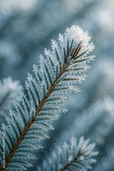 Fototapeta Frost-covered evergreen branch with ice crystals in winter morning light