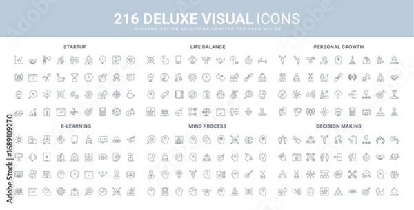 Fototapeta Development of business skills, startup investment, decision making and approval line icon set. Communication procedure and discussion on idea, mind process black outline symbols vector illustration