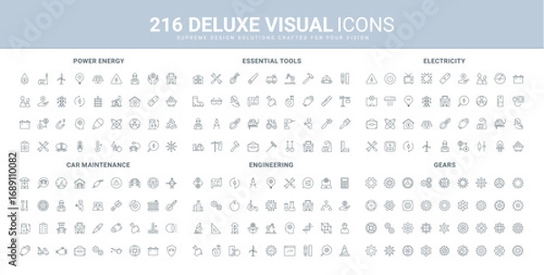 Fototapeta Power industry, car repair garage service and engineering line icons set. Wind and sun power for electricity production, gears of machines and work progress thin black symbols vector illustration