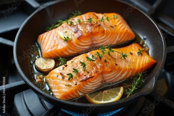 Obraz Pan-Seared Salmon Fillets with Lemon and Thyme