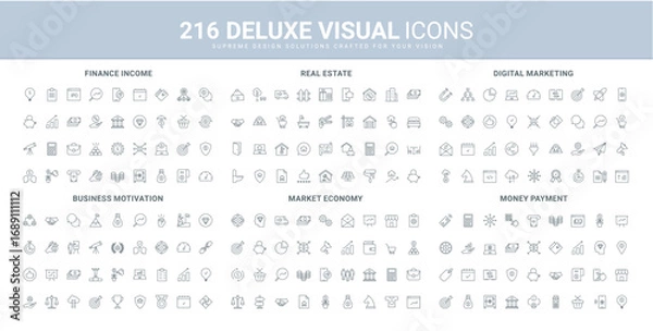 Fototapeta Startup growth and development, digital marketing trend, business achievement motivation line icons set. Financial profit from investment, cash payment thin black outline symbols vector illustration