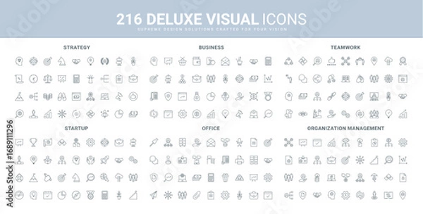 Fototapeta Startup strategy management and success, teamwork and workplace office equipment line icons set. Organization of business agreements and team communications thin black symbols vector illustration