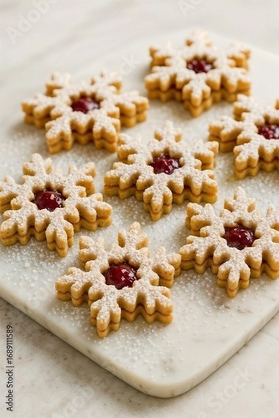 Fototapeta Homemade star-shaped jam cookies with powdered sugar on parchment paper