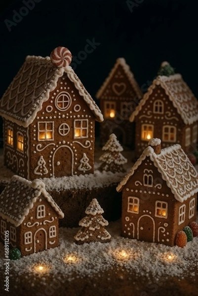 Fototapeta Miniature gingerbread village with illuminated windows on snowy winter scene