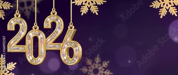 Fototapeta Golden numbers 2026 with diamonds and snowflakes on purple festive background