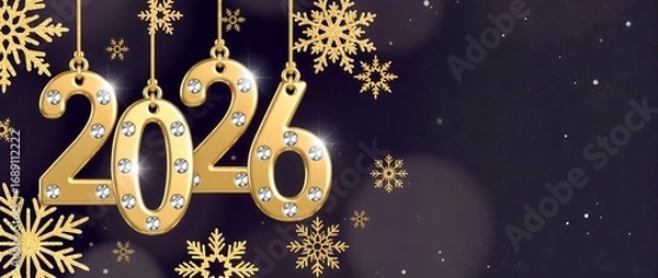 Fototapeta Golden numbers 2026 with diamonds and snowflakes on purple festive background