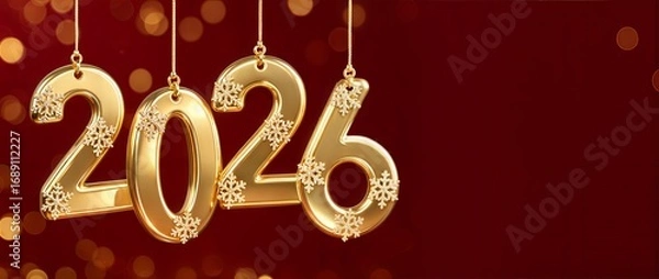 Fototapeta Golden Christmas ornament numbers 2026 with diamonds on red festive background and snowflakes
