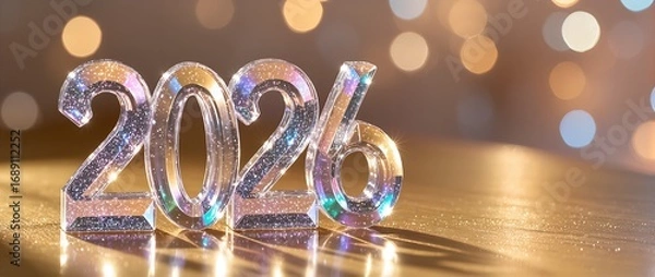 Fototapeta Shiny holographic crystal numbers 2026  on bokeh  background