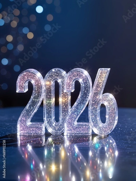 Fototapeta Shiny crystal numbers 2026 with glitter on blue bokeh background