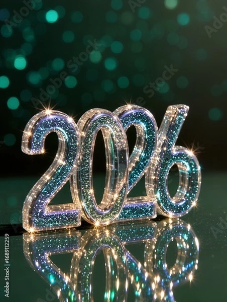 Fototapeta Shiny crystal numbers 2026 with holographic glitter on green festive background