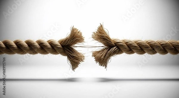 Fototapeta Rope fraying represents a breaking point, tension, challenge, or relationship strain on a clean white backdrop