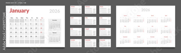 Fototapeta 2026 Calendar Planner Set of Template Monthly Pages, Annual. Vector layout grid of wall or desk calendar organizer. Week start Monday in red and gray color. Pages A4-21x29.7 cm ready print