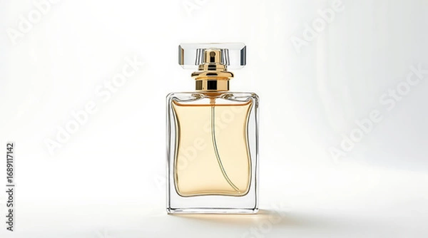 Fototapeta Elegant transparent perfume bottle with golden liquid inside, reflecting soft light on white background, conveying luxury and sophistication