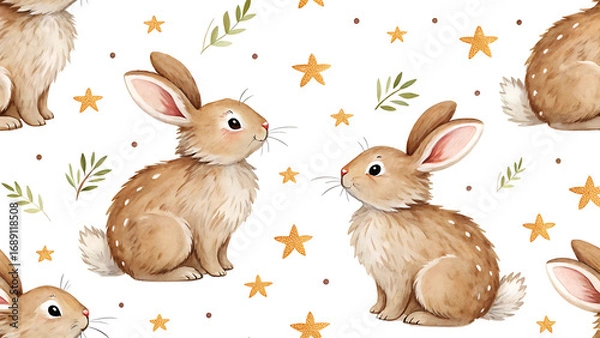 Fototapeta Charming watercolor seamless pattern featuring adorable fluffy bunnies surrounded by delicate foliage and whimsical stars