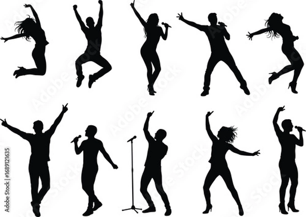 Fototapeta Silhouette of Dynamic Singers and Dancers Performing on Stage, Expressive Concert Poses for Music Event, Dance, and Entertainment Designs