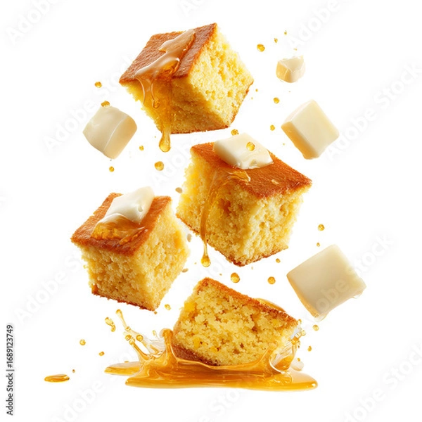Fototapeta close-up of cornbread slices with honey drizzle
