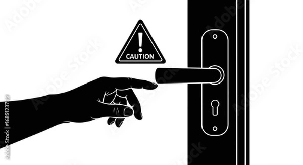 Fototapeta door handle warning, hand touching door handle, safety caution sign, warning symbol vector, contamination risk icon, hygiene safety illustration, do not touch door handle, virus transmission preventio