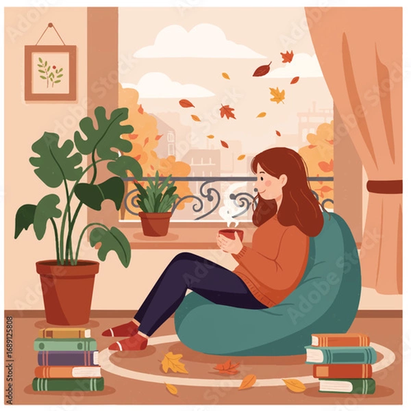 Fototapeta A flat vector illustration portrays a person on a bean bag, enjoying tea amidst books and plants, watching vibrant autumn leaves fall outside a cozy window.
