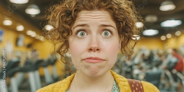 Obraz gym rookie woman feeling overwhelmed and intimidated on first day fitness challenge