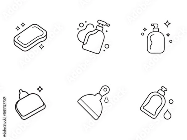 Fototapeta Outline Icons of Cleaning Products and Hygiene Supplies for Design and Illustration Laundry Soap Shampoo and Scraper