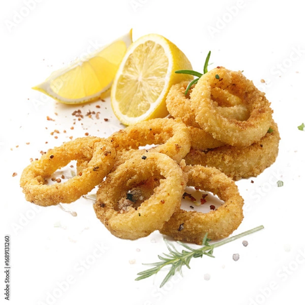 Fototapeta Crispy fried calamari rings with lemon wedge on transparent background for seafood branding