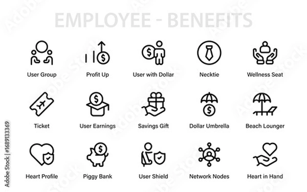 Fototapeta Employee Benefits Professional Line Icon Set – Modern, simple, and minimal vector icons symbolizing salary, incentives, workplace rewards, and financial perks.