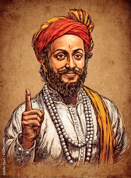 Obraz A man with a beard and red turban, pointing upward, wearing a white beaded necklace and yellow sash, against a warm-toned background