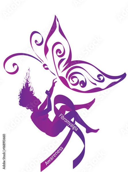 Fototapeta Fibromyalgia awareness. Purple  silhouette of a falling woman with purple awareness ribbon and butterfly - symbol of fibromyalgia, chronic pain and chronic fatigue syndrome, broken dreams