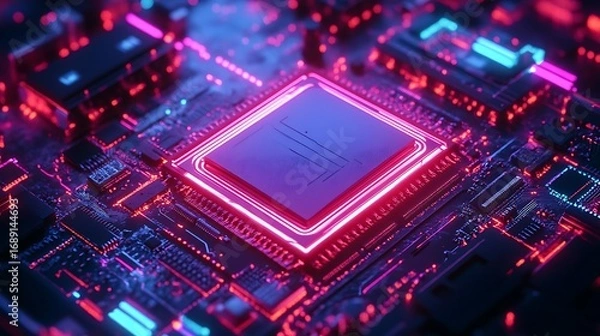 Fototapeta Futuristic glowing computer processor chip with neon lights Keywords: computer, processor, photo