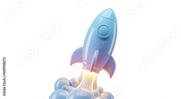 Obraz Cartoon Rocket Launching in Light Blue Color
