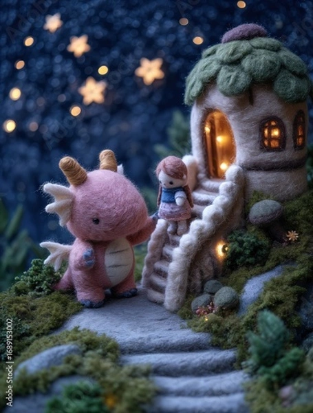 Fototapeta Una adorable criatura rosa se encuentra junto a una niña frente a una acogedora casa de cuento de hadas, iluminada por una luz cálida.