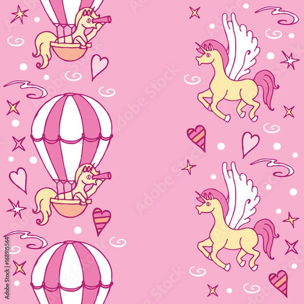 Fototapeta Little unicorn in air balloon looks into a spyglass / Seamless pattern with unicorns and decor elements, freehand style. Great for home textile.