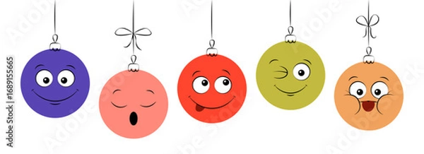 Fototapeta Set of Christmas balls with funny faces. Hand drawn emotions. Template for banner, greeting card, poster. Vector illustration