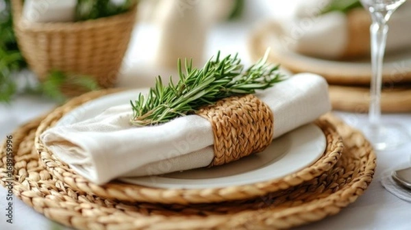 Obraz Beautiful table setting with fresh rosemary on white wooden table, closeup.