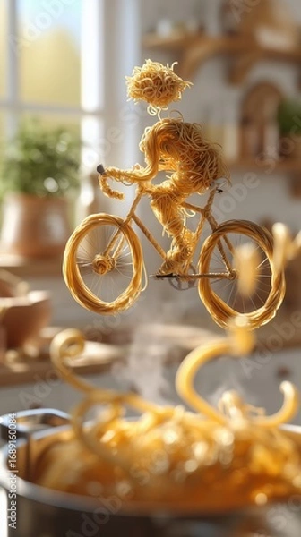 Fototapeta Una figura hecha completamente de fideos, montando una bicicleta hecha también de fideos, suspendida sobre una olla llena de fideos.