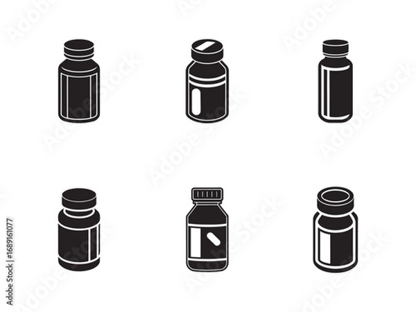 Fototapeta Vector Illustration of Pill Bottles in Black and White Medical Container Options and Pharmacy Solutions