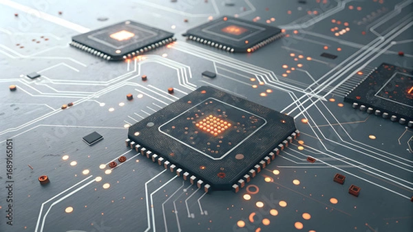 Obraz Electronic circuit board with glowing processors and pathways technology computer