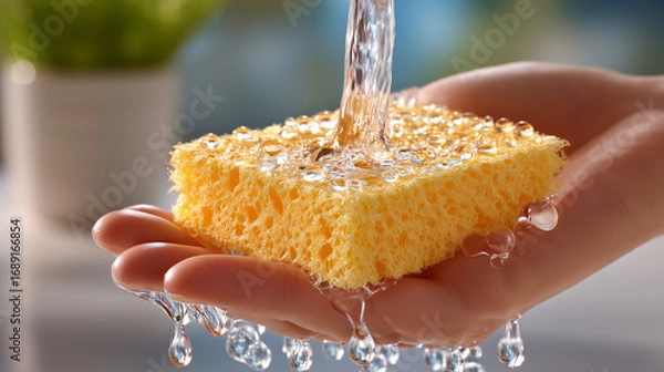 Fototapeta Yellow sponge soaking water in hand with water dripping off