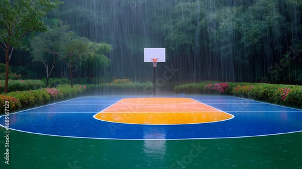 Fototapeta Empty colorful basketball court in heavy rain surrounded by trees
