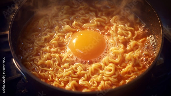 Fototapeta Korean ramen boiling in soup with egg