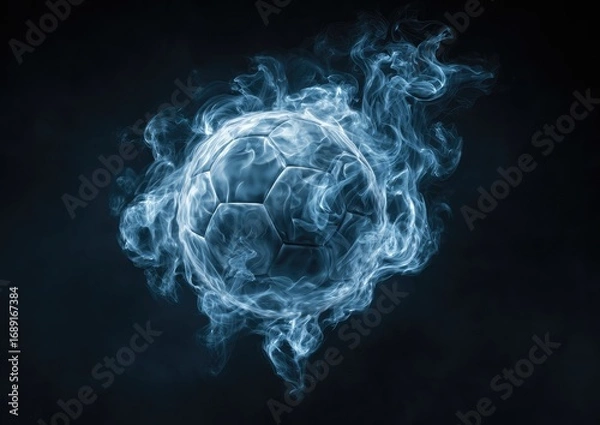 Obraz A soccer ball rendered in ethereal blue smoke and fire against a dark background, suggesting intense energy and motion