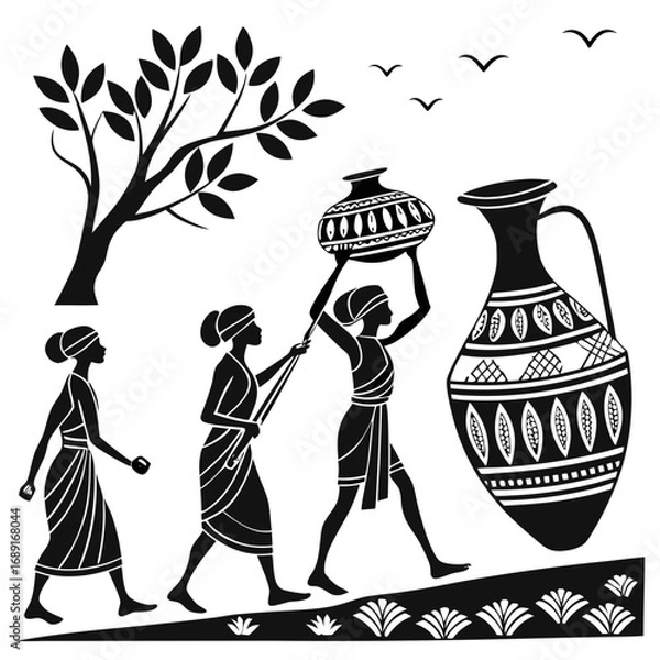 Fototapeta African women carrying water pots and a large jug with a tree and birds in a stylized silhouette art style representing daily life and tradition
