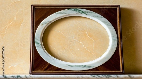 Fototapeta A wooden frame with a white marble border sits on a marble countertop